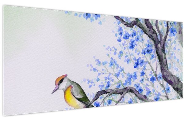 Tablou - Pasăre pe un copac cu flori albastre (120x50 cm)