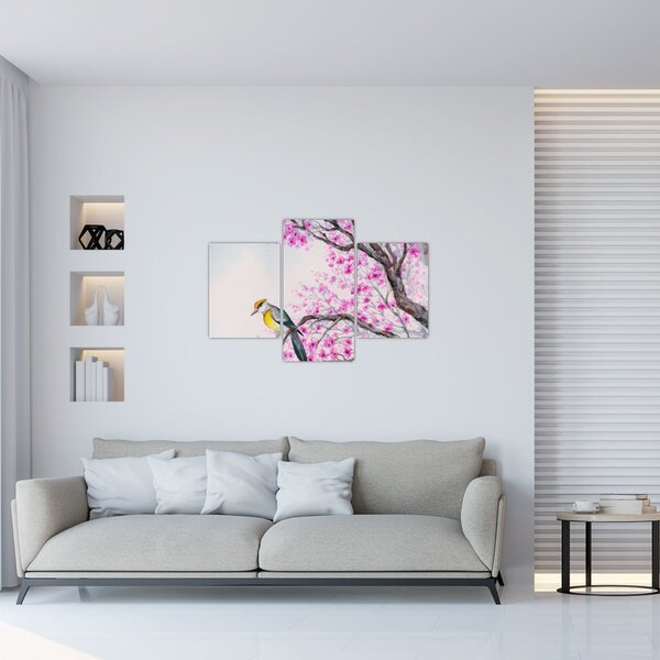 Tablou - Pasăre pe un copac cu flori roz (90x60 cm)