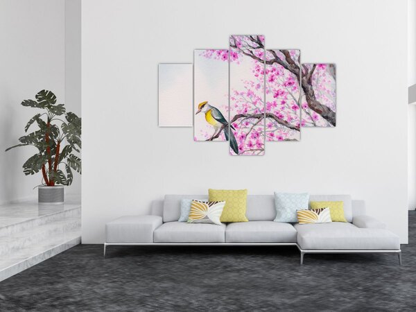 Tablou - Pasăre pe un copac cu flori roz (150x105 cm)