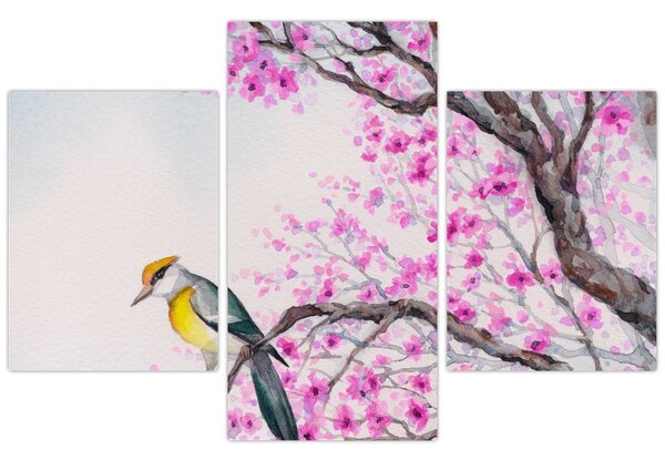Tablou - Pasăre pe un copac cu flori roz (90x60 cm)