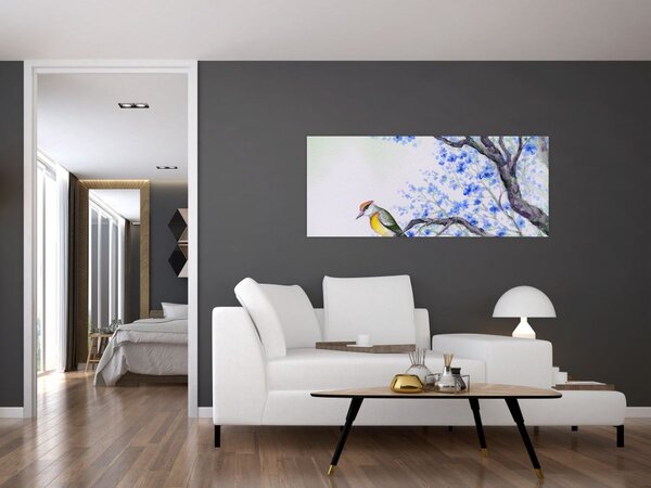Tablou - Pasăre pe un copac cu flori albastre (120x50 cm)