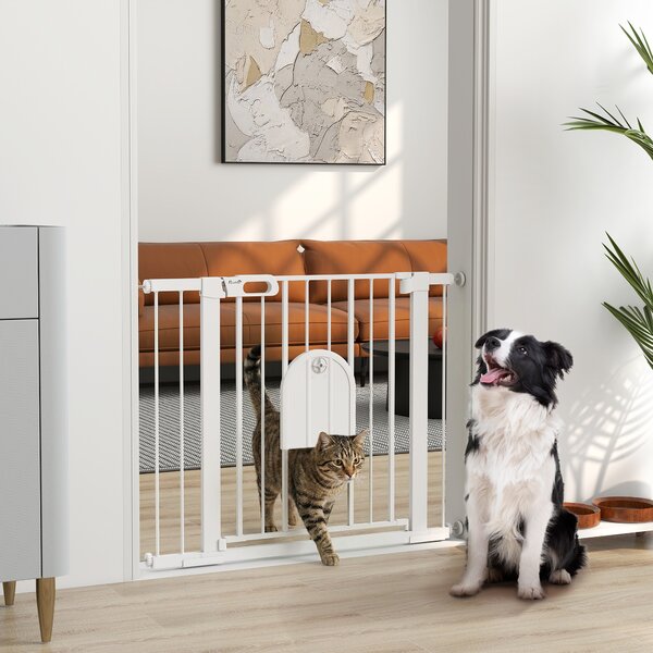 PawHut Barieră Reglabilă pentru Câini cu Ușă Mică, Montare prin Presiune și Închidere Automată, Dimensiune 75-103x76 cm, Alb | Aosom România
