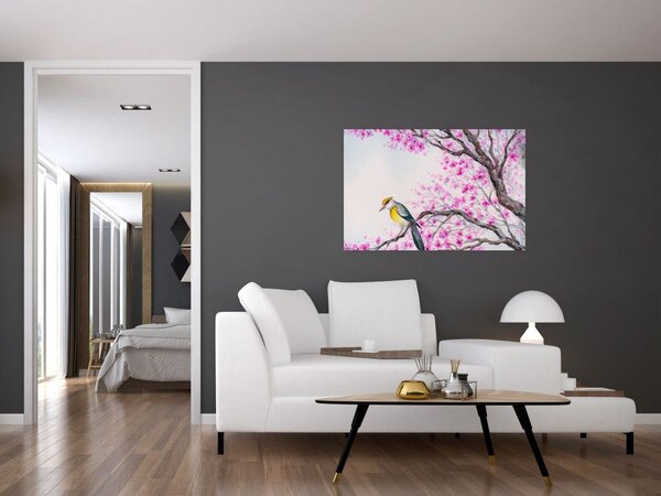 Tablou - Pasăre pe un copac cu flori roz (90x60 cm)