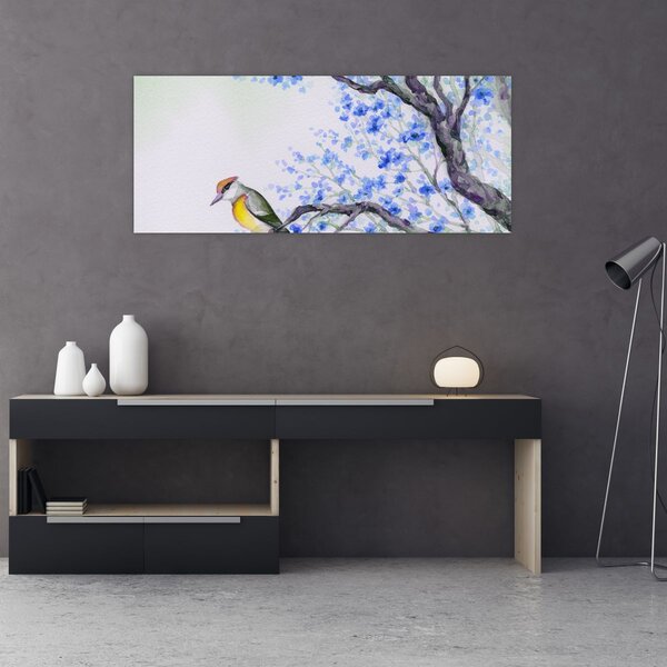 Tablou - Pasăre pe un copac cu flori albastre (120x50 cm)