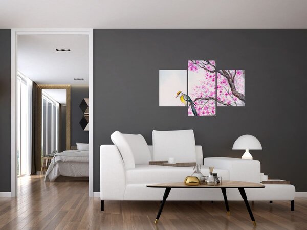 Tablou - Pasăre pe un copac cu flori roz (90x60 cm)