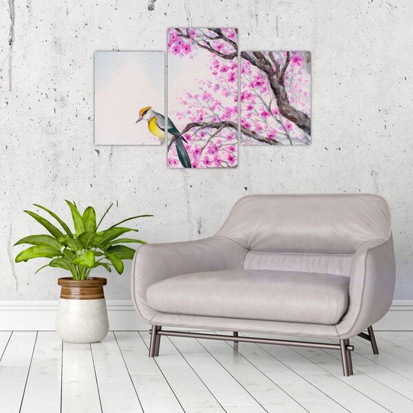 Tablou - Pasăre pe un copac cu flori roz (90x60 cm)