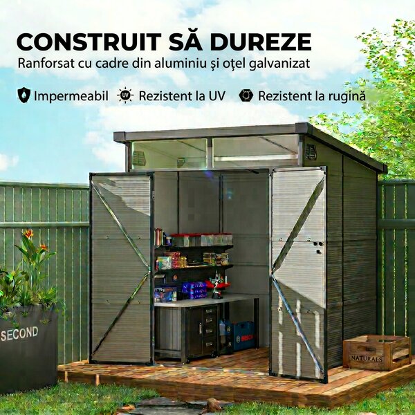 Outsunny Șopron pentru Grădină din Plastic cu Ferestre și Orificii de Ventilație, 190x191x215 cm, Gri Deschis | Aosom Romania