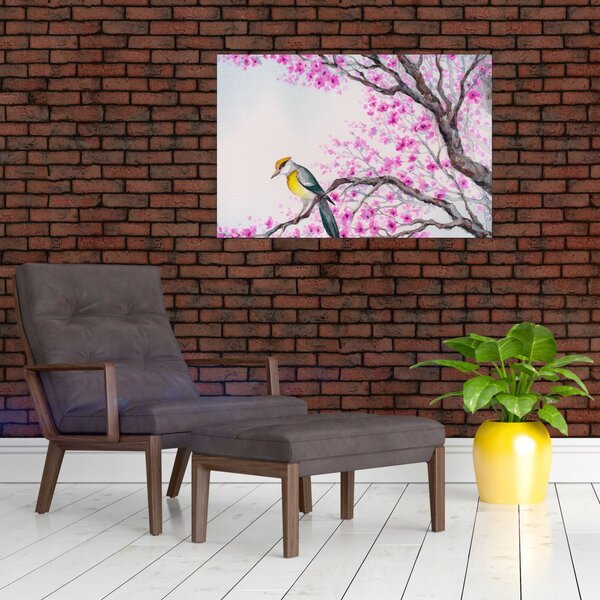 Tablou - Pasăre pe un copac cu flori roz (90x60 cm)