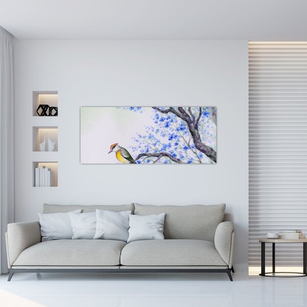 Tablou - Pasăre pe un copac cu flori albastre (120x50 cm)