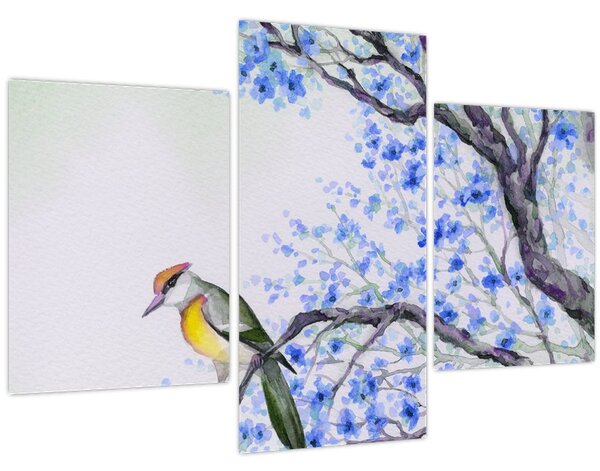 Tablou - Pasăre pe un copac cu flori albastre (90x60 cm)