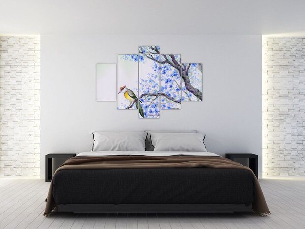 Tablou - Pasăre pe un copac cu flori albastre (150x105 cm)