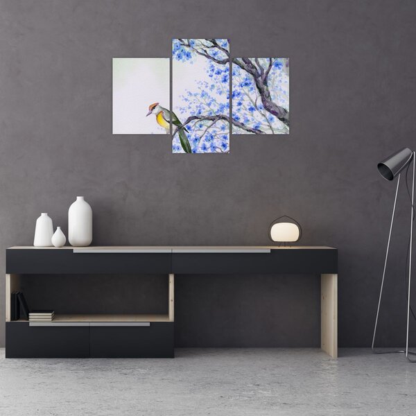 Tablou - Pasăre pe un copac cu flori albastre (90x60 cm)