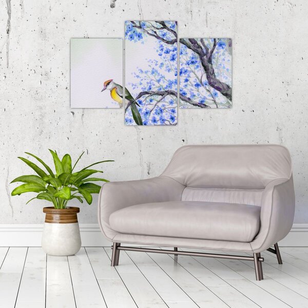 Tablou - Pasăre pe un copac cu flori albastre (90x60 cm)