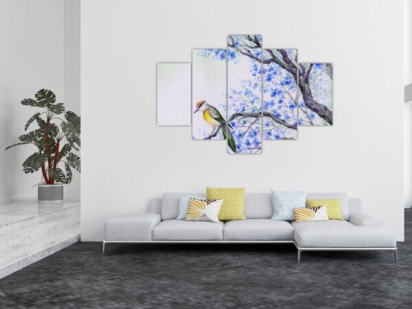 Tablou - Pasăre pe un copac cu flori albastre (150x105 cm)