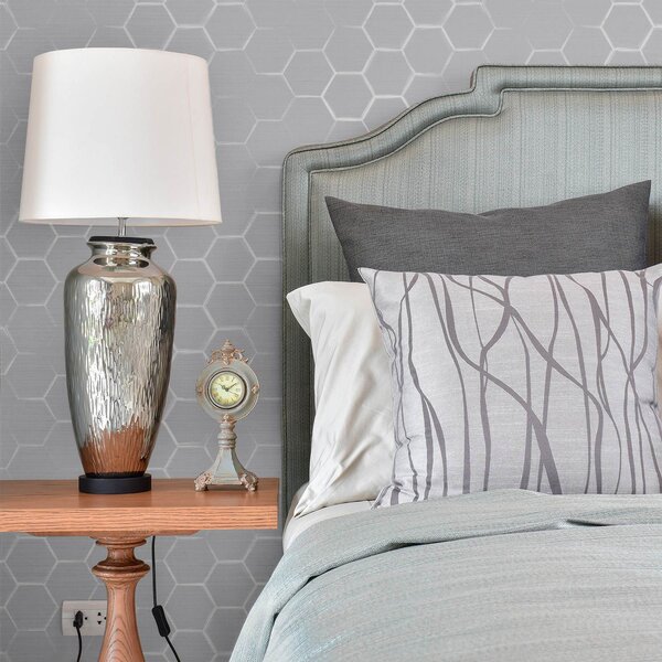 Tapet Hexagoane tridimensionale de culoare gri deschis, cu umbre delicate, Tapet abstract, a01059v1 : Uwalls.ro
