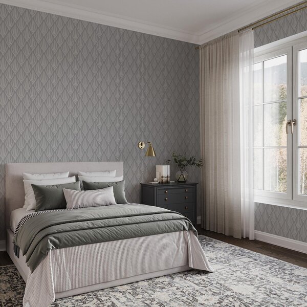 Tapet Art Deco gri cu forme în formă de evantai, Tapet abstract, a01064 : Uwalls.ro