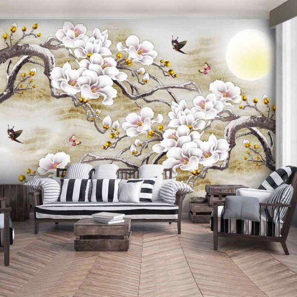 Tapet mural pictură cu pomi înfloriţi şi păsări - 13287 - Fototapet24