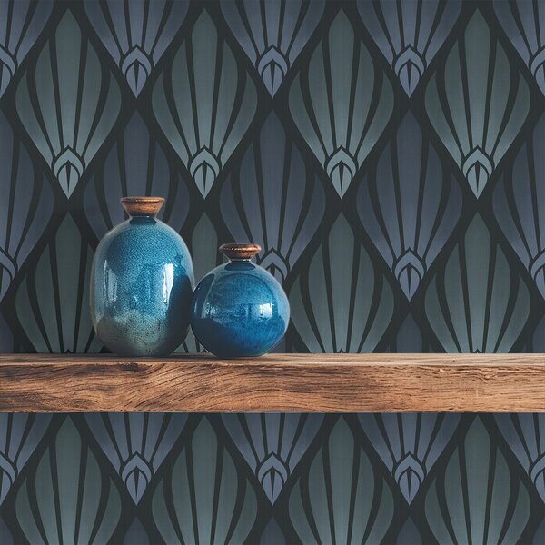 Tapet Art Deco albastru-gri rece, cu forme în formă de evantai, Tapet abstract, a01064v3 : Uwalls.ro