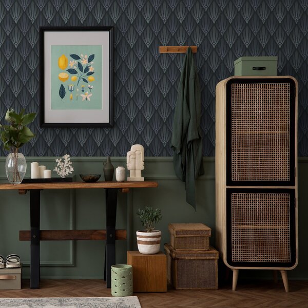 Tapet Art Deco albastru-gri rece, cu forme în formă de evantai, Tapet abstract, a01064v3 : Uwalls.ro