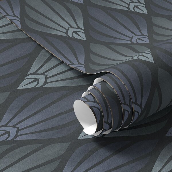 Tapet Art Deco albastru-gri rece, cu forme în formă de evantai, Tapet abstract, a01064v3 : Uwalls.ro