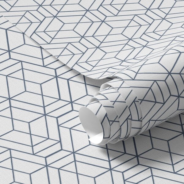 Tapet Fundal alb cu cuburi geometrice tridimensionale albastre, Tapet abstract, a01067 : Uwalls.ro