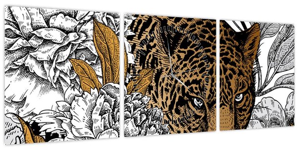 Tablou - Leopard între flori (cu ceas) (90x30 cm)