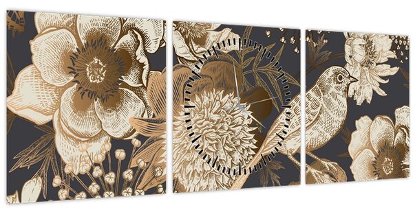 Tablou - Flori aurii pe fundal întunecat (cu ceas) (90x30 cm)