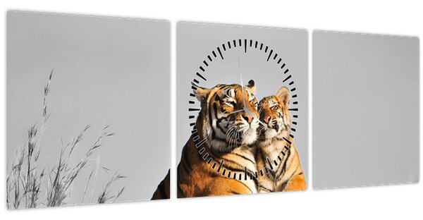 Tablou - Tigroaica cu pui, versiunea alb-negru (cu ceas) (90x30 cm)