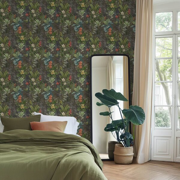 Tapet Grădină tropicală întunecată cu flori și frunziș viu colorate, Tapet natura, a01079 : Uwalls.ro