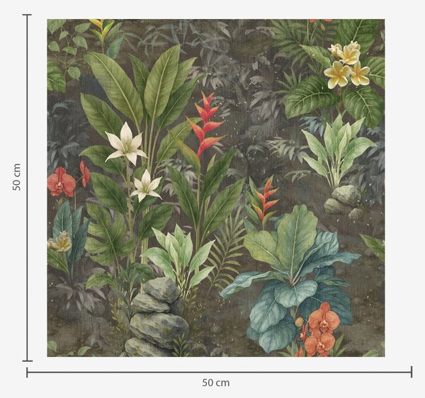 Tapet Grădină tropicală întunecată cu flori și frunziș viu colorate, Tapet natura, a01079 : Uwalls.ro