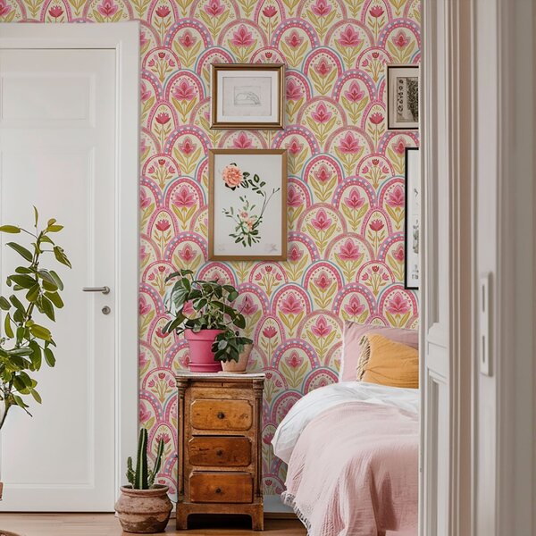 Tapet Arcuri cu flori roz într-un model în stil popular, Tapet flori, a01080 : Uwalls.ro