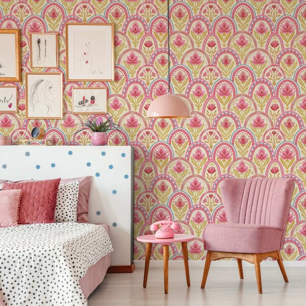 Tapet Arcuri cu flori roz într-un model în stil popular, Tapet flori, a01080 : Uwalls.ro