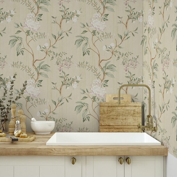 Tapet Ramuri delicate cu flori pe un fundal crem cald, Tapet flori, a01084 : Uwalls.ro