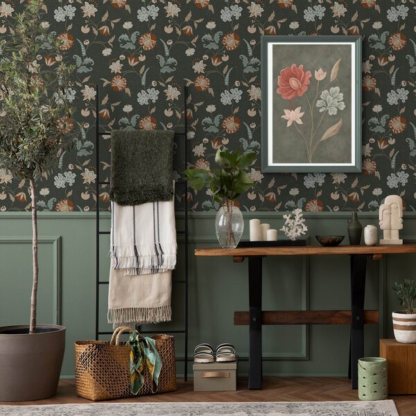 Tapet Fundal verde închis cu flori și frunze decorative, Tapet flori, a01086 : Uwalls.ro