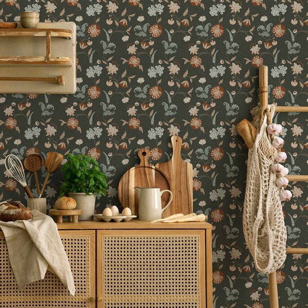 Tapet Fundal verde închis cu flori și frunze decorative, Tapet flori, a01086 : Uwalls.ro