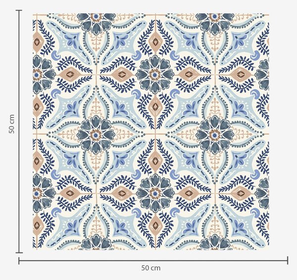 Tapet Ornament în stil faianță albastru-bej pictat în acuarelă, Tapet flori, a01085 : Uwalls.ro