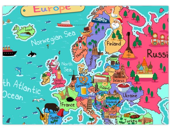 Tablou pe sticlă - Harta Europei pentru copii (70x50 cm)