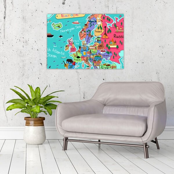 Tablou pe sticlă - Harta Europei pentru copii (70x50 cm)
