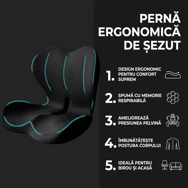 Perna ortopedica 2-in-1 sezut si suport lombar, ergonomica, memory foa