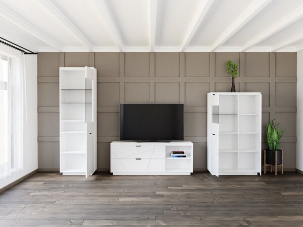 Set de living Fivale 112, Alb, Alb lucios, PAL laminat, Sticlă călită