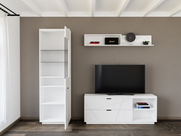 Set de living Fivale 113, Alb lucios, Alb, PAL laminat, Sticlă călită