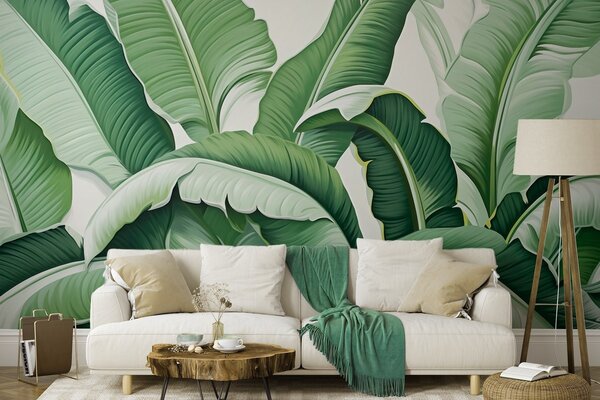 Tapet Frunze verzi de bananier tropical cu efect 3D, Fototapet Natură, Fototapet Foi de palmier, w09559 : Uwalls.ro