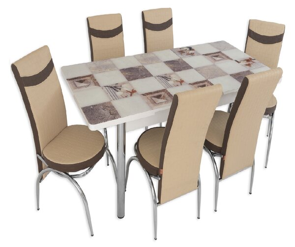 Set masă extensibilă Mozaic cu 6 scaune crem maro