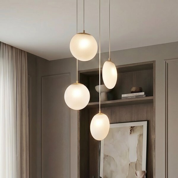 Lucande Lampa suspendată Lunelle, alamă, sticlă, 4 becuri, Ø 40 cm, reglabil, Alb, Camera de zi / sufragerie, Sticlă, Modern