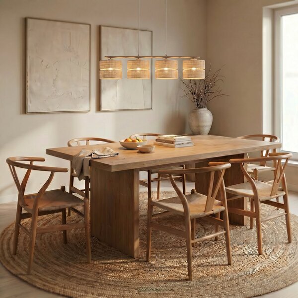 TK Lighting Lampă suspendată Calma, 4 becuri, bej, rafia, lungime 95 cm, reglabil, Bej, Camera de zi / sufragerie, Altele