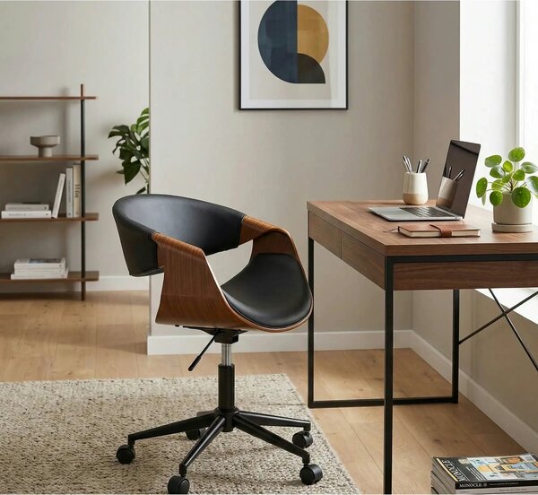 Scaun birou BILBO, nuc/negru, placaj/piele ecologica/metal, 55x55x72/8