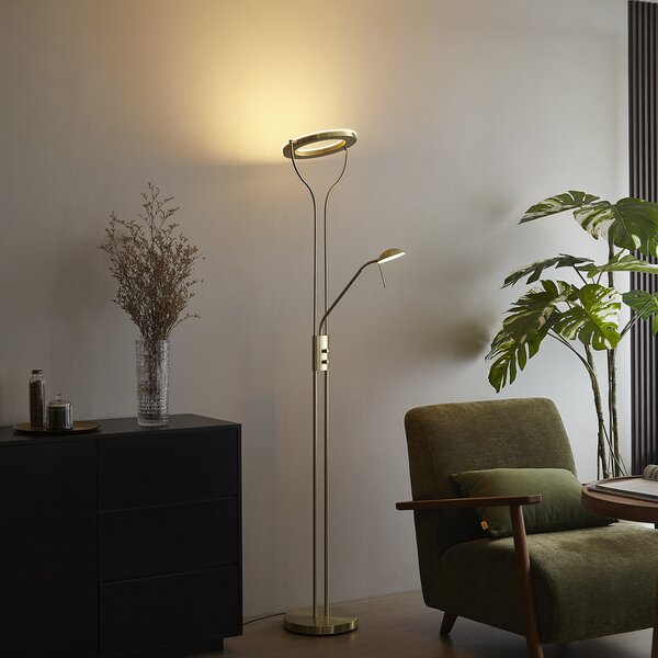 Lampa de podea moderna aurie cu brat de citit incluzând LED si dimmer - Divo