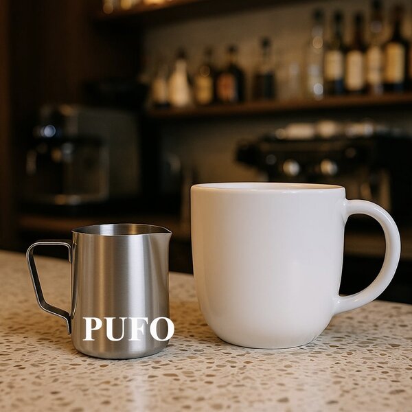 Cana gradata din inox Pufo, latiera pentru spumare lapte, cappuccino, tip ulcior barista cu maner, 350 ml