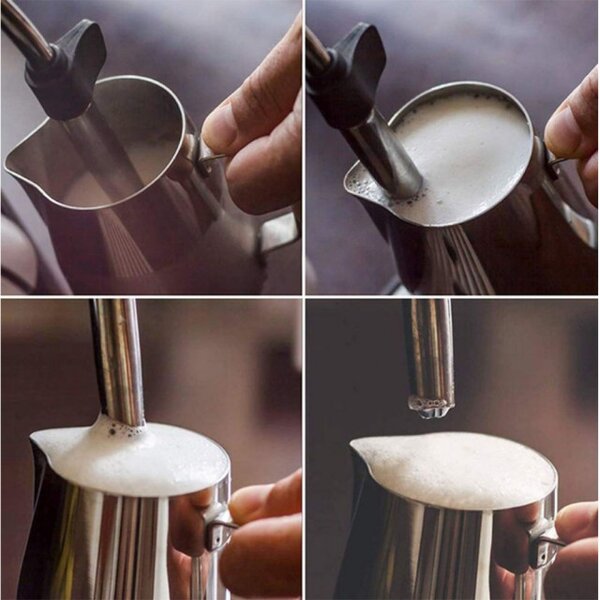 Cana gradata din inox Pufo, latiera pentru spumare lapte, cappuccino, tip ulcior barista cu maner, 350 ml