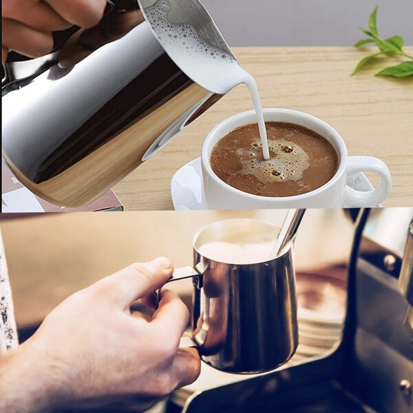 Cana gradata din inox Pufo, latiera pentru spumare lapte, cappuccino, tip ulcior barista cu maner, 350 ml